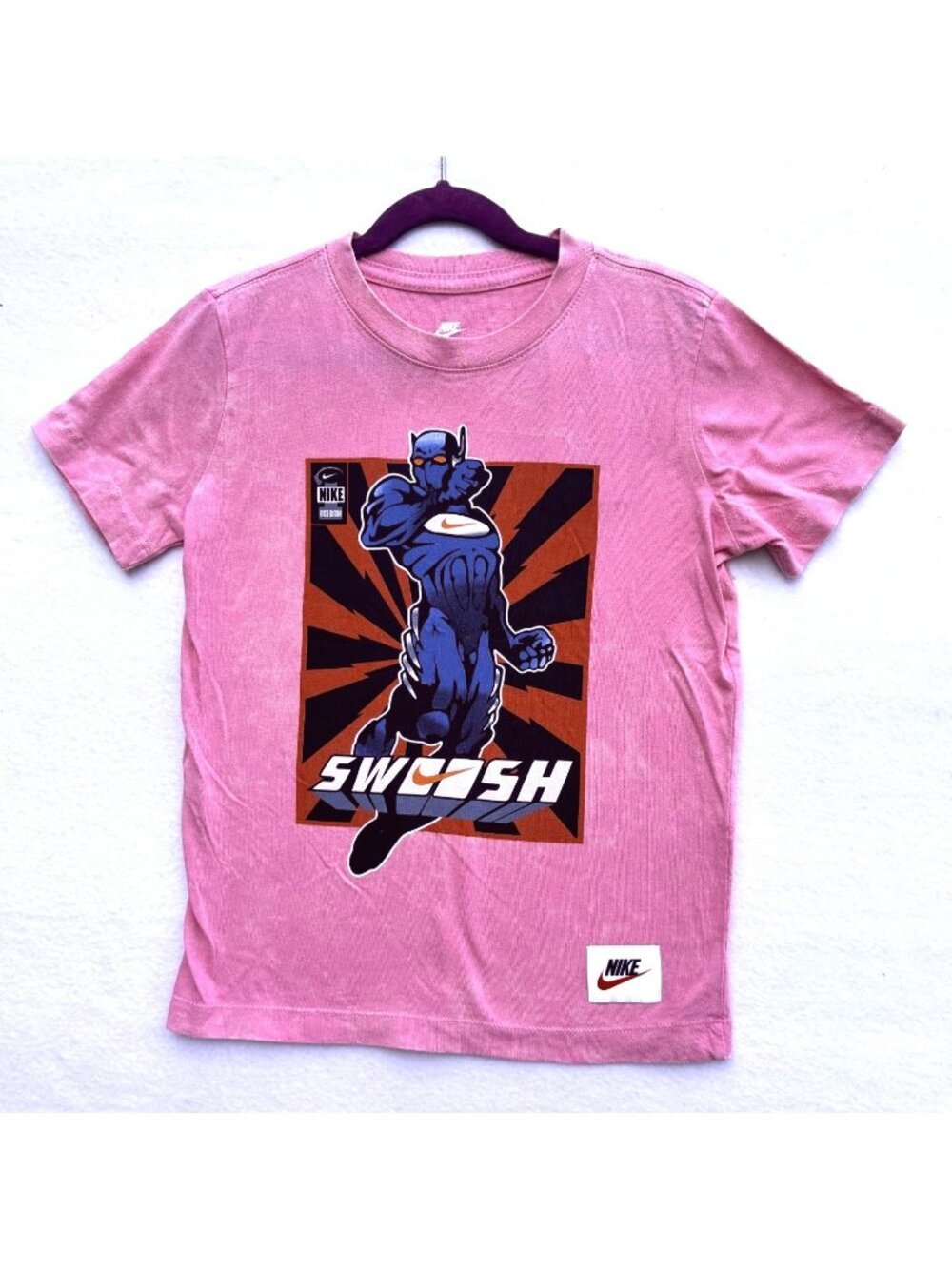 Nike Boys Small New 100% Cotton Pink Acid Wash Swoosh Graphic T-Shirt Crew Neck